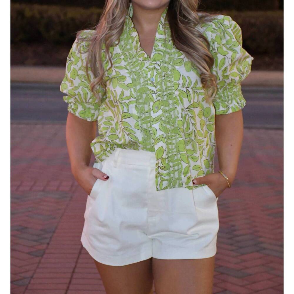NEW GLAM ruffle v-neck smocked puff sleeve blouse in olive - Picture 3 of 5